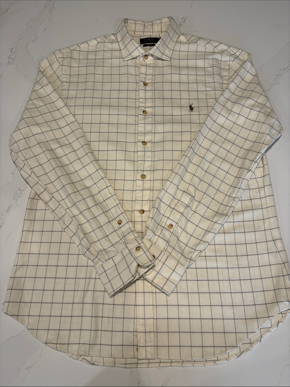 Polo by Ralph Lauren Cream Shirt with Navy Windowpane Check Slim Fit XL